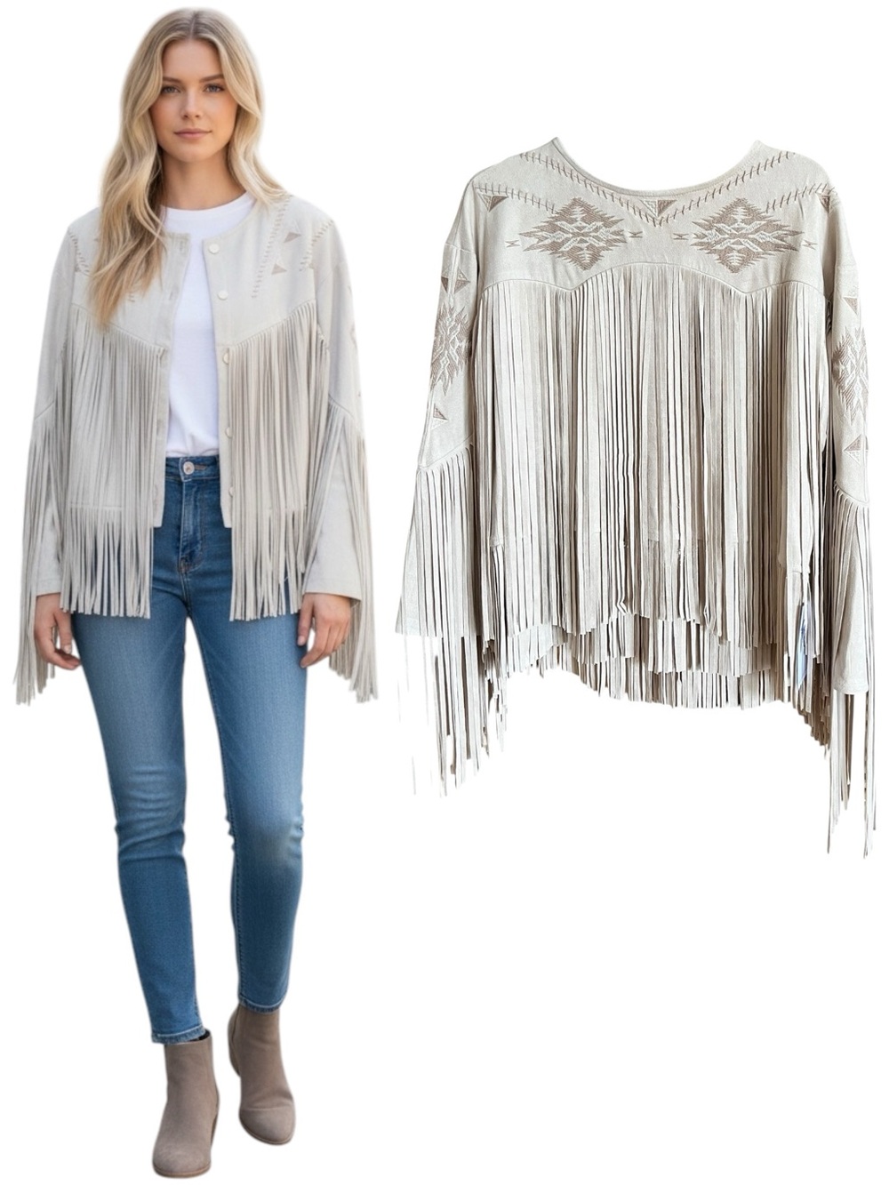 NEW Blue b Cream Faux Suede Allover Fringe Tan Embroidered Aztec Western Jacket